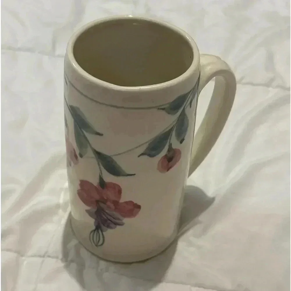 Vintage Handmade Cottagecore  Floral Flower Vase 7” Tall Large Handle 90s Unique